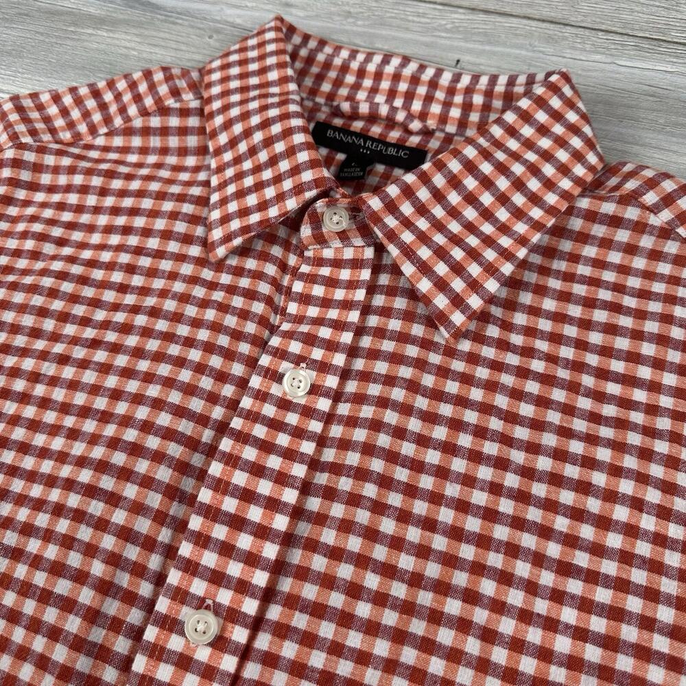 Banana Republic Shirt Mens Large Red Orange White Gingham Check Linen Beach Tiki